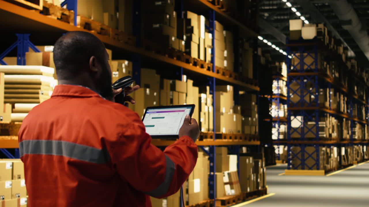 Lavoratore di colore che verifica il carico con tablet e scanner per la spedizione