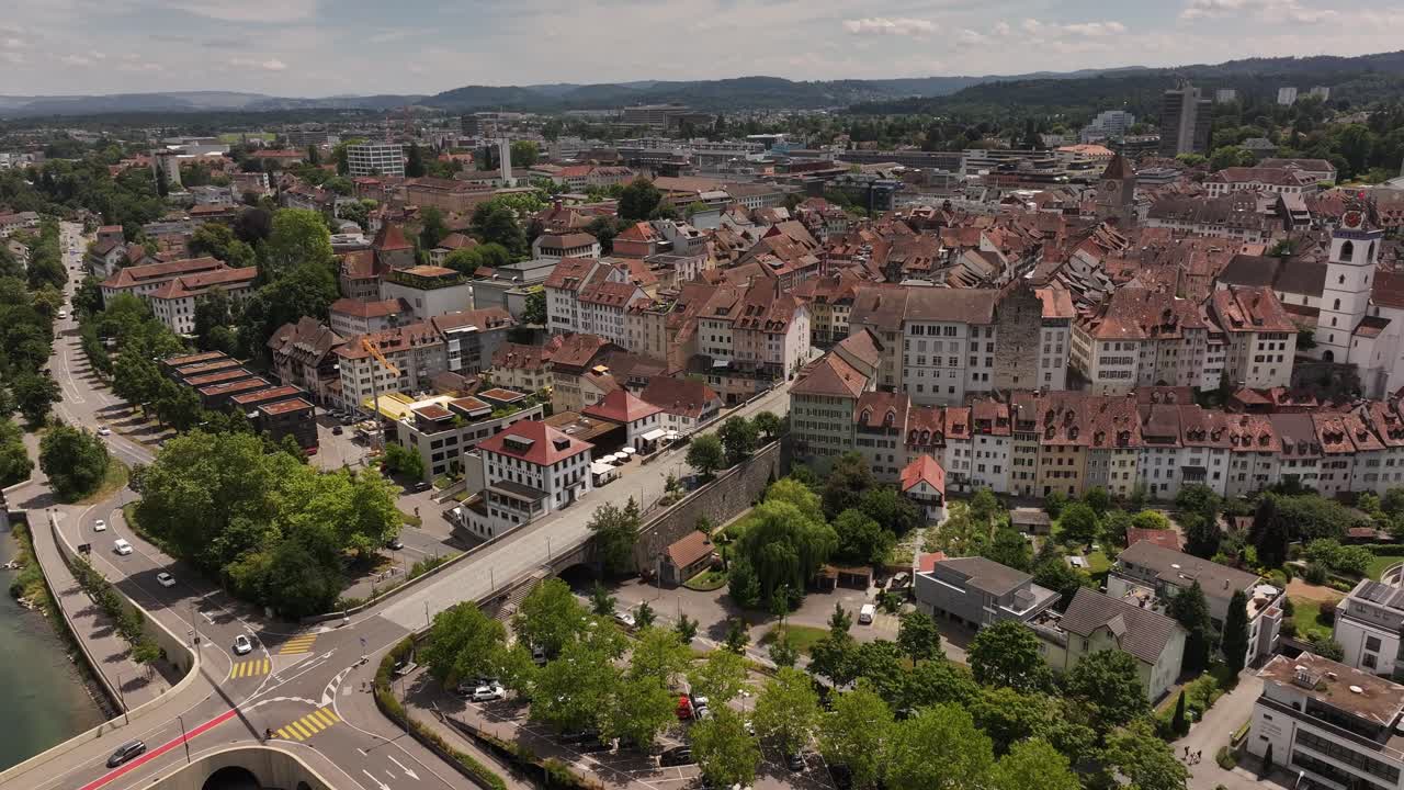 Aerial view of Aarau, Switzerland, showing charming rooftops and streets