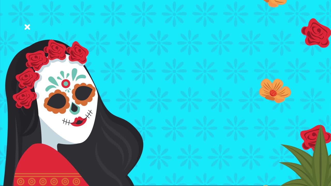 Dia de los Muertos fejring med Katrina-kranie og blomsterdekoration
