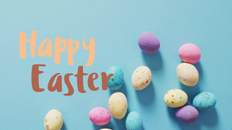 Animation of happy easter text over easter eggs