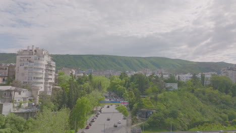 Aerial-shot-of-a-busy-highway-junction-in-the-capital-Tbilisi,-Georgia