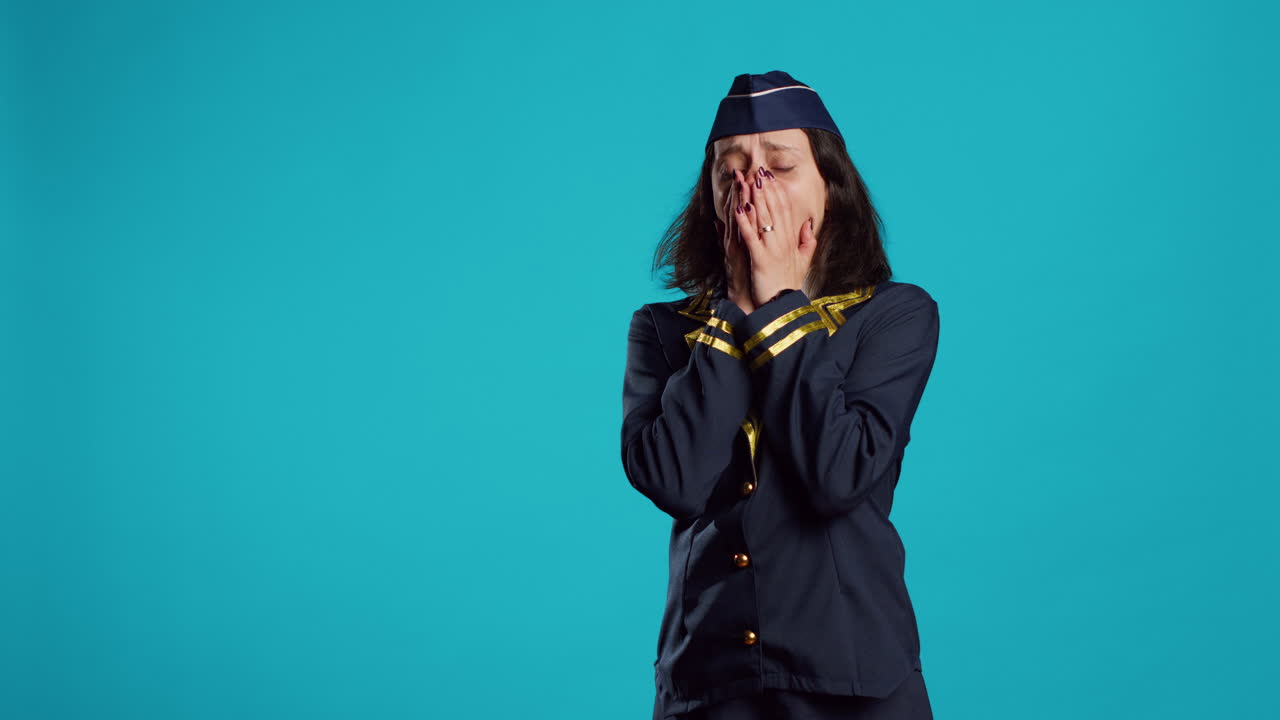 Air hostess feeling tired and yawning in studio