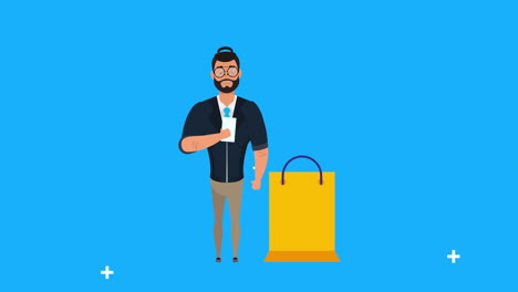 hombre de negocios con teléfono inteligente y bolsa de compras