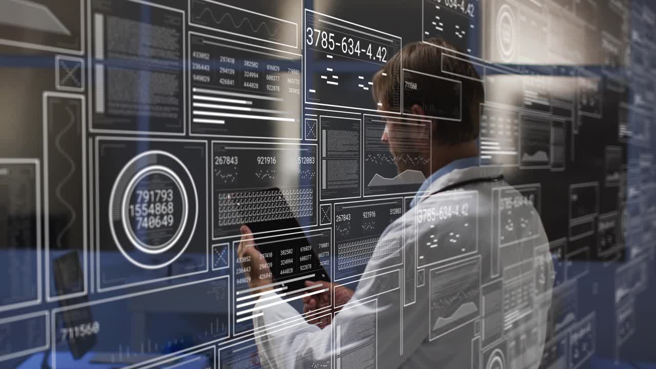 Lab researcher grabbing tablet and tapping screen generating data panels showing codes and charts