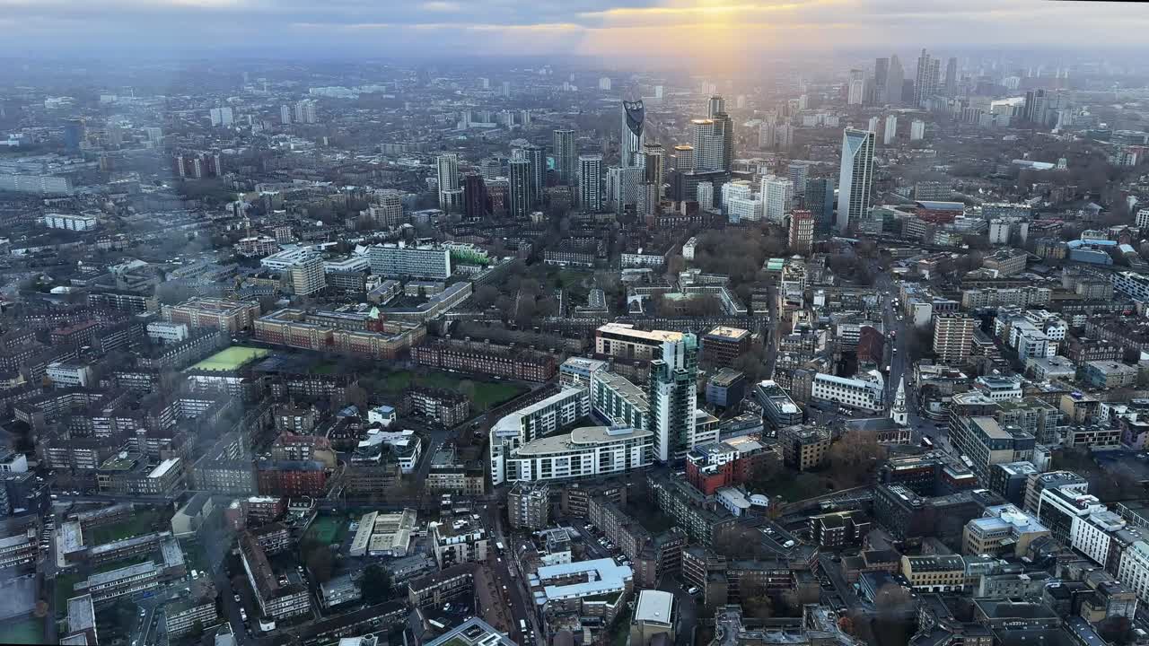 Aerial View of London Cityscape at Sunset