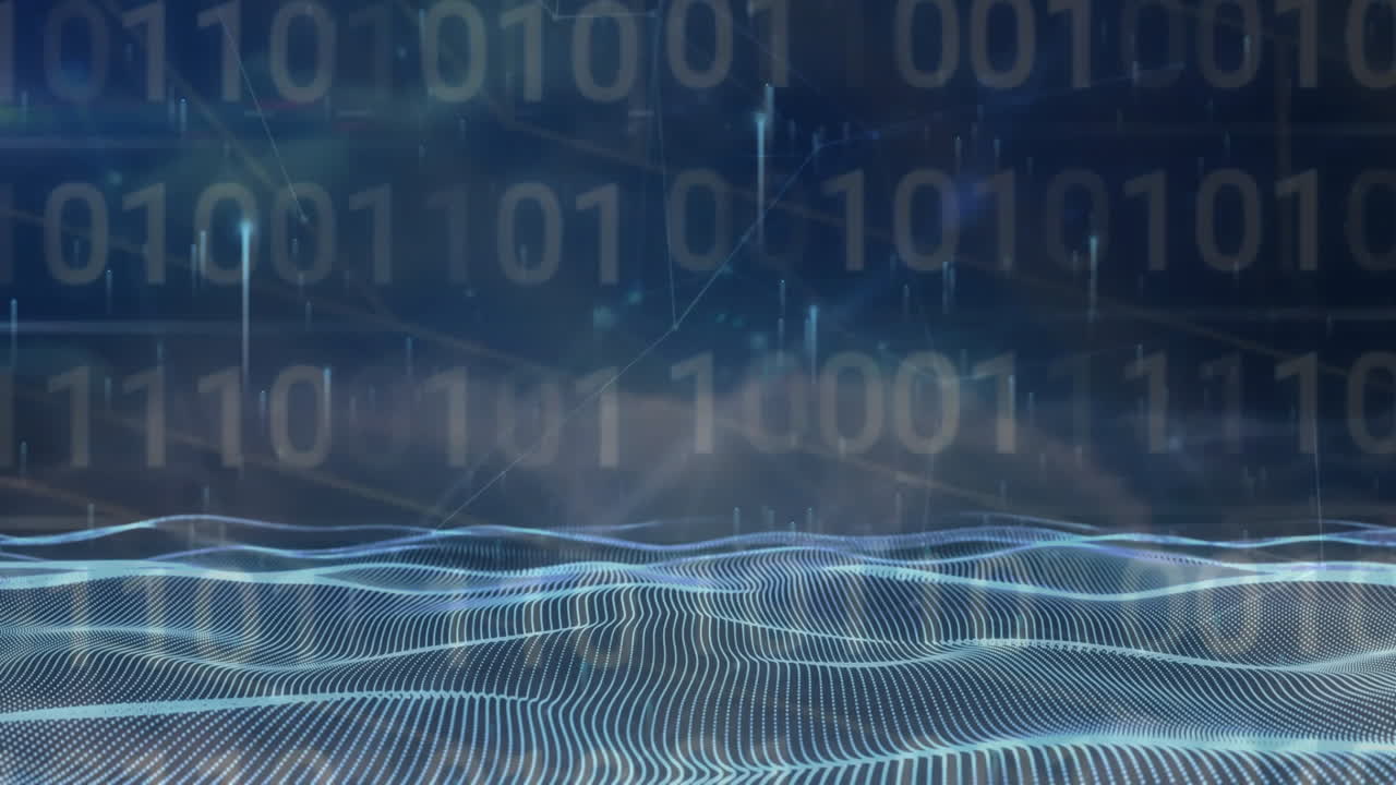Binary code and digital wave animation over blue background