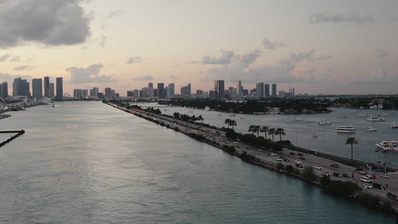 Miami Skyline at Sunset with Traffic on the Intercoastal Highway