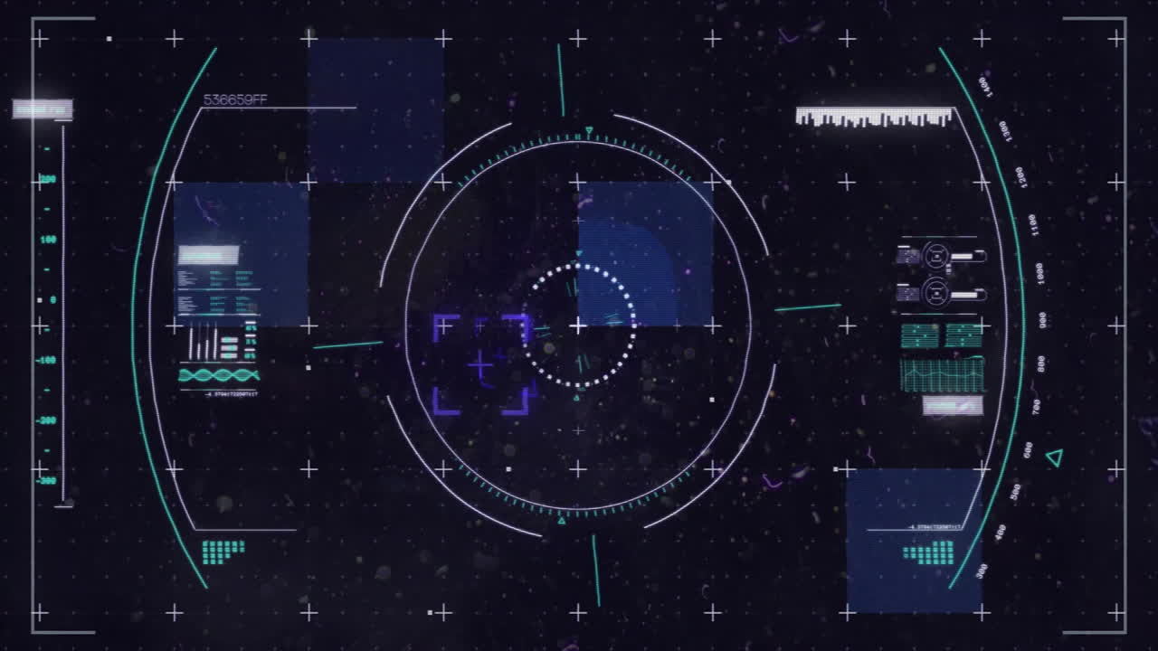 Futuristic digital interface with data processing and targeting system animation