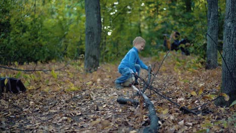 little boy is trying to tear a big branch 2