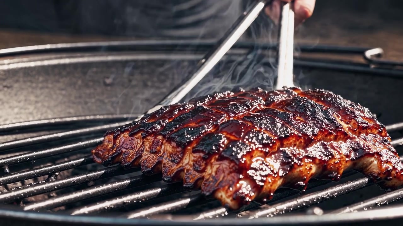 Chef che griglia costine di maiale glassate su un barbecue a carbone