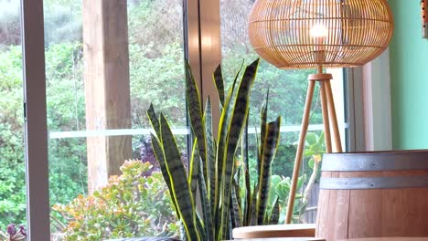 indoor plants and a lamp by a window with lush greenery outside. soft lighting creates a calm, inviting atmosphere