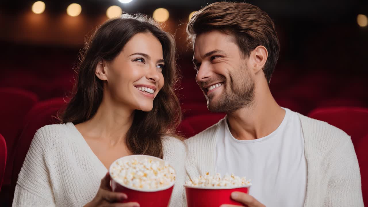 Enjoying a Special Movie Night Together: A Joyful Couple Sharing Popcorn and Smiles in a Cozy Cinema Setting