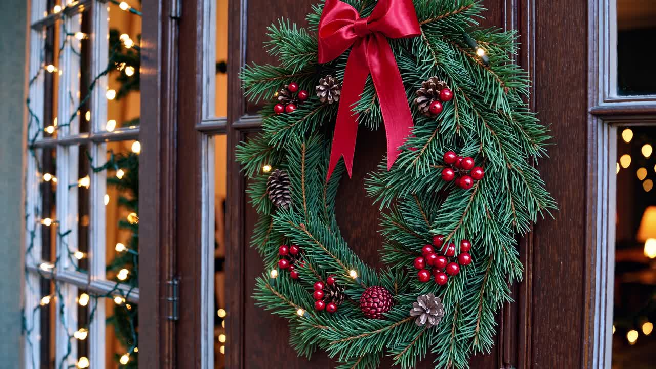 Close-up angle of a festive Christmas wreath with red berries and pinecones on a wooden door