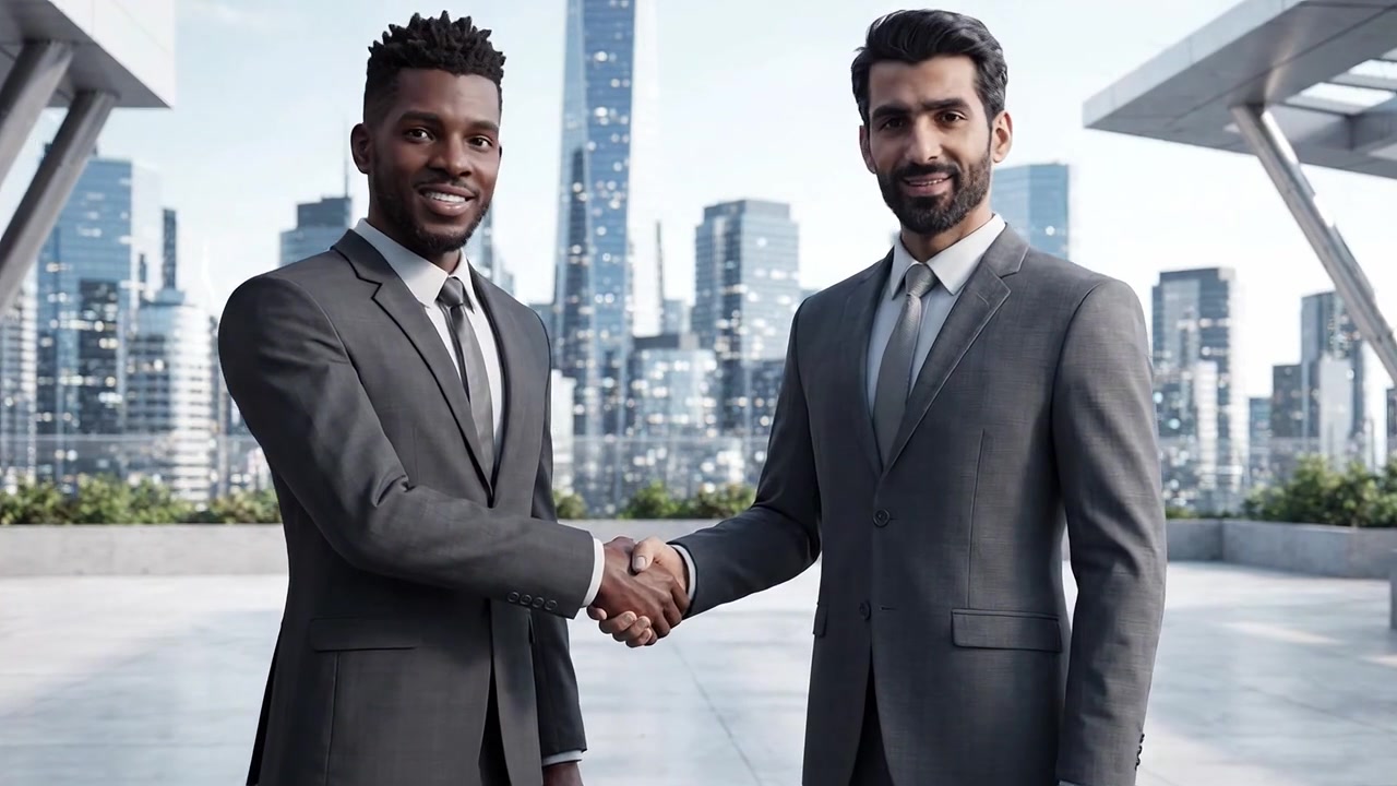 Due professionisti in abiti sartoriali in piedi all'aperto, che sorridono con sicurezza, con uno skyline moderno della città sullo sfondo, enfatizzando il successo e la collaborazione negli affari.