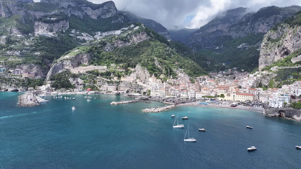 Amalfi Coast At Amalfi In Salerno Italy. Beach Landscape. Giant Cliffs Scene. Amalfi Coast At Salerno Italy. Medieval City Skyline. Gulf Of Salerno Mediterranean Sea. Beach Skyline. Amalfi Coast