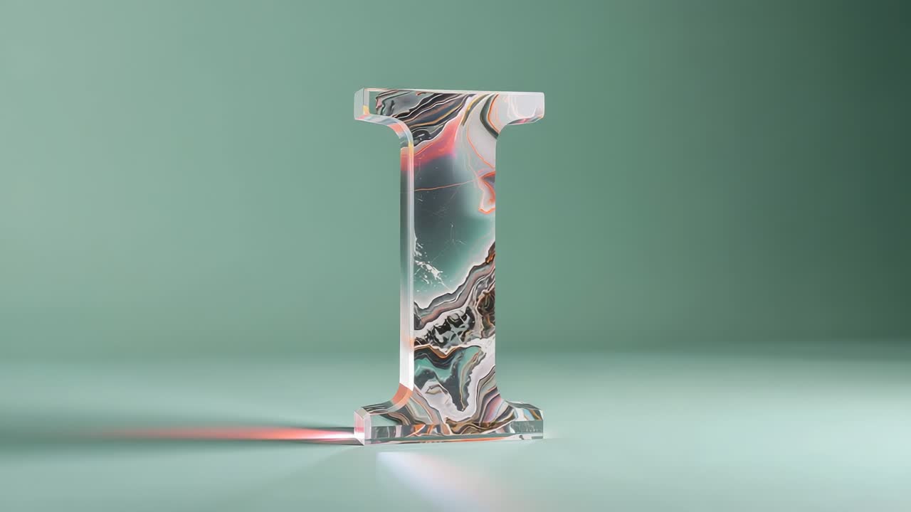 Responding to ambient lighting shifts marbled letter I in minimalist studio, showing red highlights