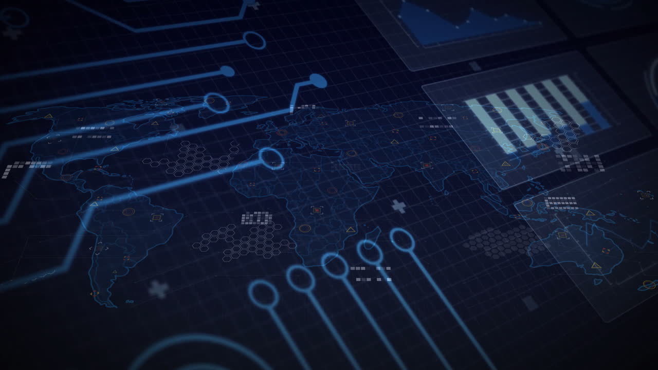Digital world map with data processing and network connections animation