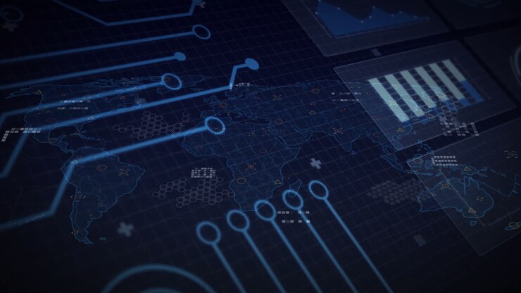 Digital world map with data processing and network connections animation