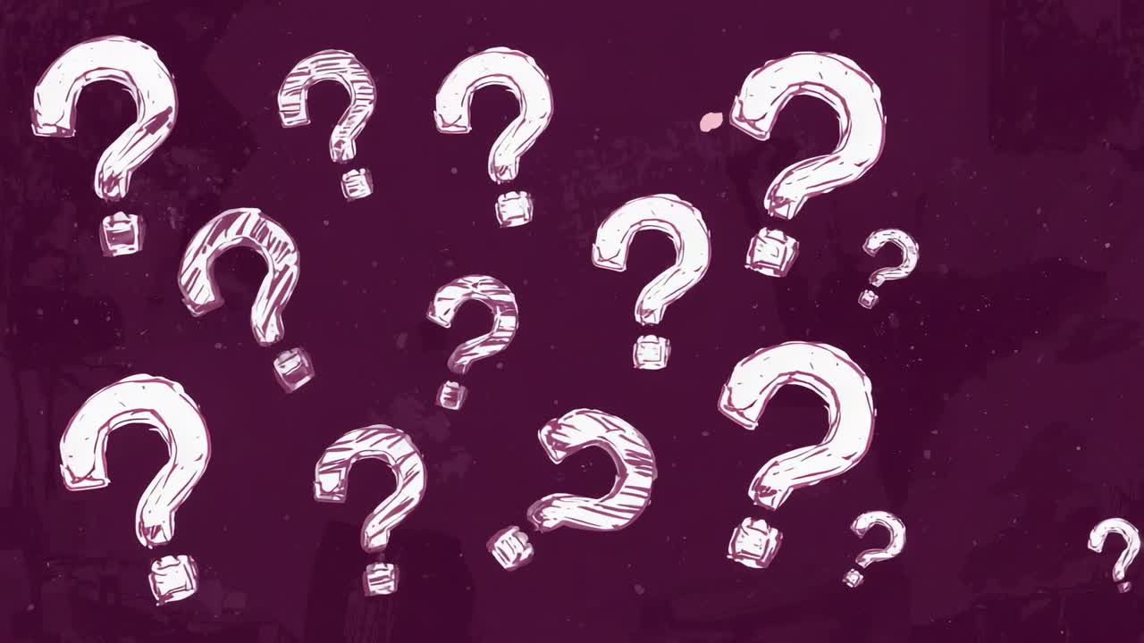 Looping cluster of hand drawn white question marks pulsing and drifting on dark purple background
