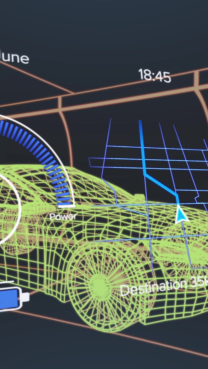 Animation of speedometer over electric car project on navy background