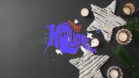 animation of happy halloween text over decorations