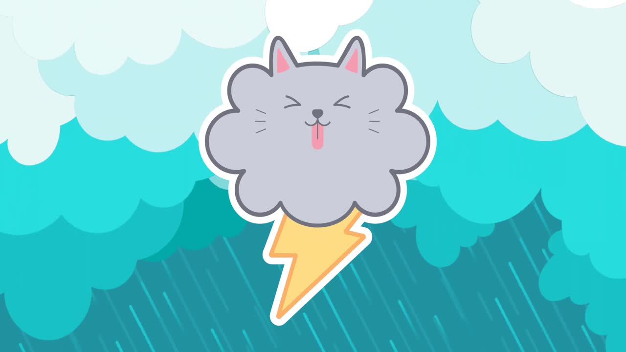animación de una nube linda con trueno sobre nubes y lluvia en el fondo