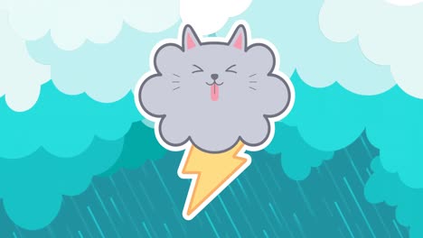 animation of cute cloud with thunder over clouds and rain in background