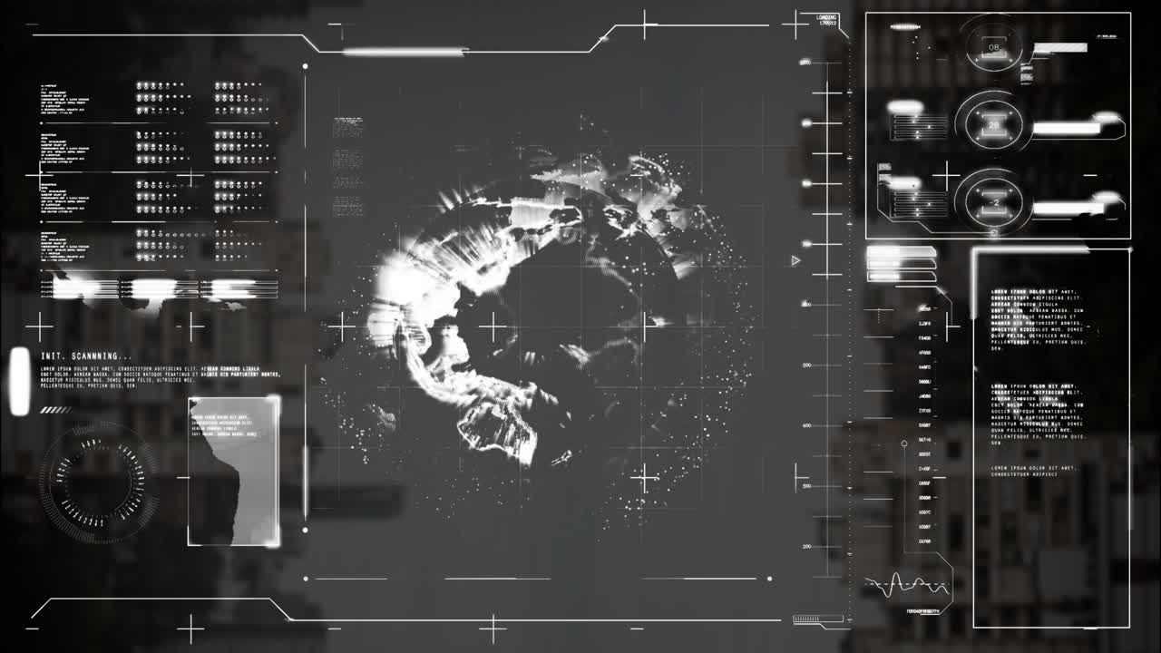 Animation of data processing and diagrams with globe over cityscape