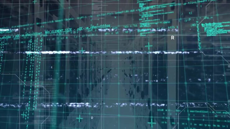 Animation af interferens og databehandling over serverrum.