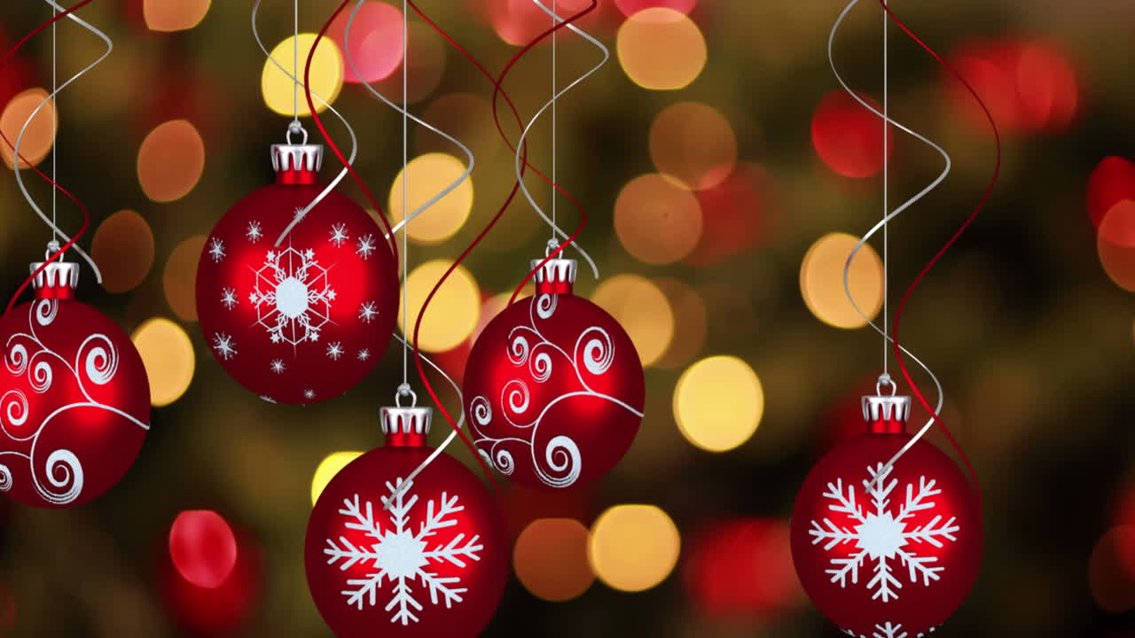animación de bolas rojas de navidad y luces de hadas parpadeando en el fondo