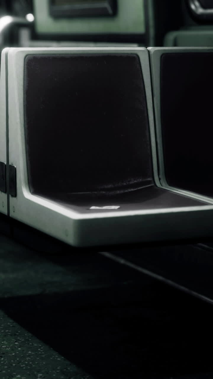 Subway train interior with empty seats in a dimly lit environment