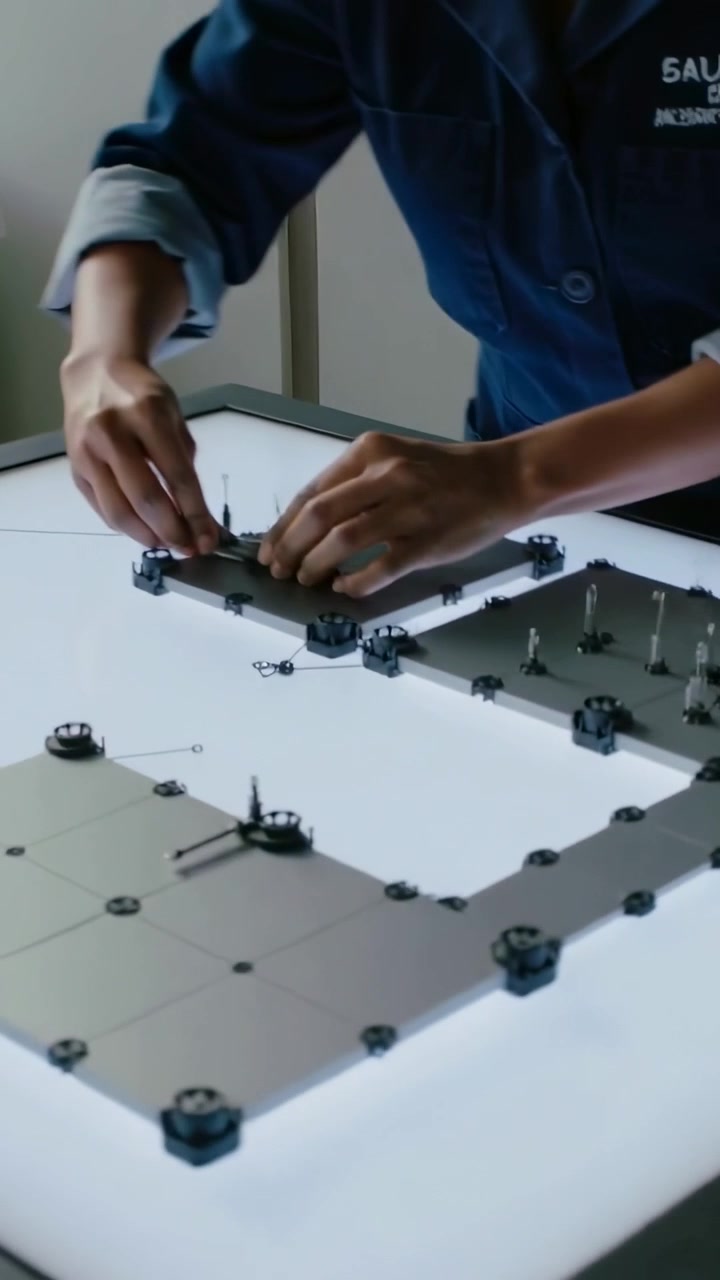 Vertical video: Inspecting female tech in blue coat aligning panels on lit table, fastening screws