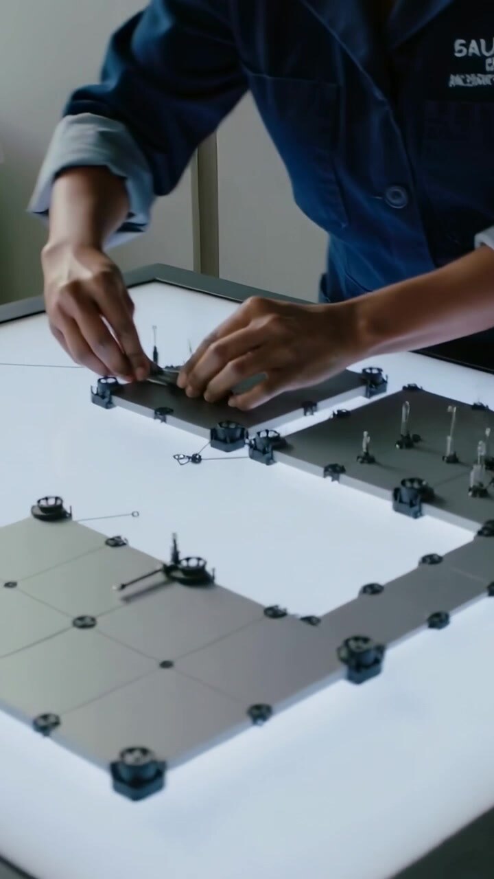 Video verticale: Tecnica in camice blu ispeziona e allinea pannelli su tavolo illuminato, avvitando viti.