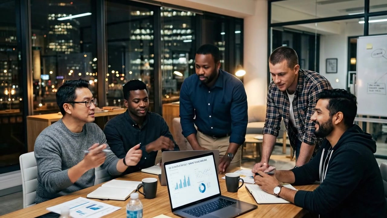 Diverse Business Team Collaborating on Project in Modern Office at Night