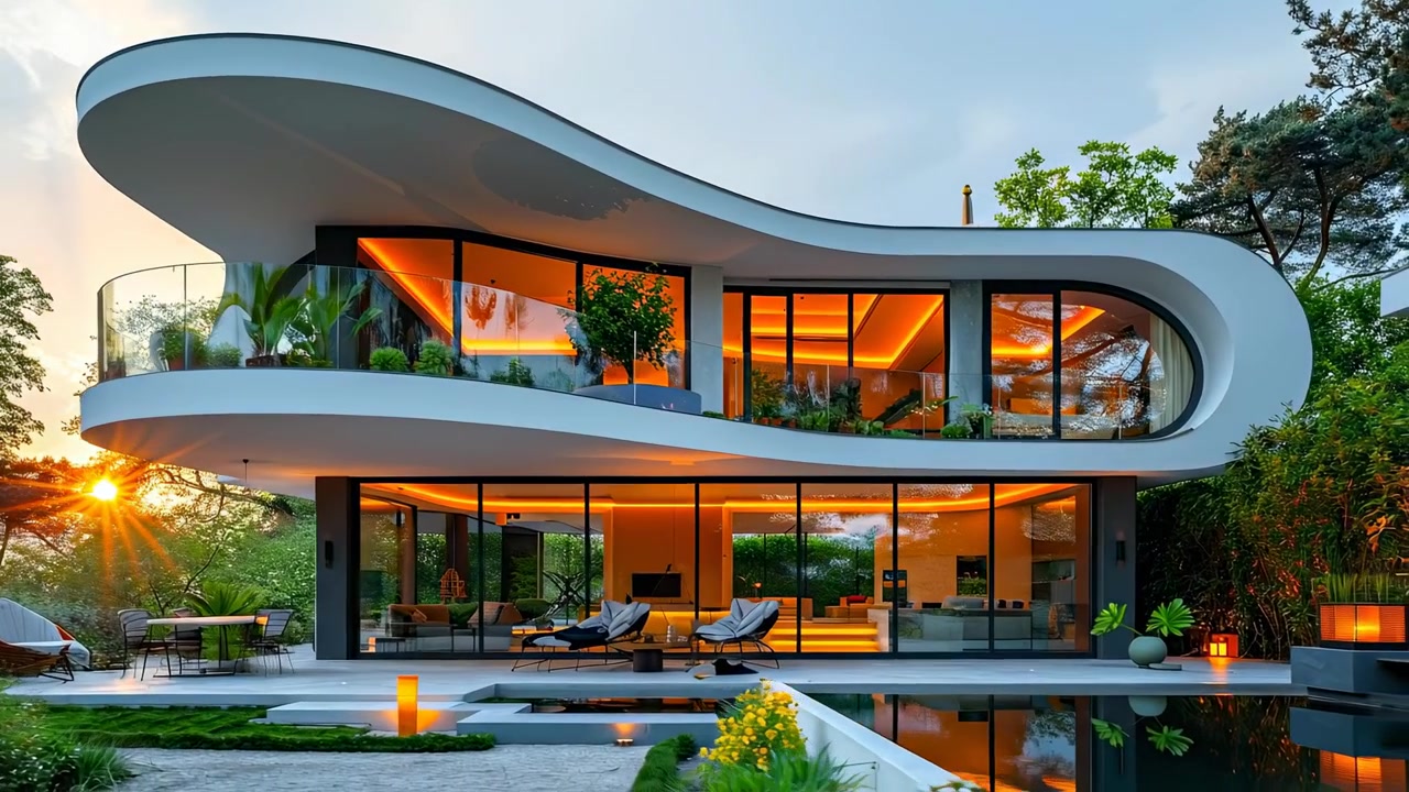 Futuristisk luksusvillaarkitektur med swimmingpool ved solnedgang. Moderne hus med buede linjer, store glasvægge, glødende orange indendørslys og en pool ved solnedgang.