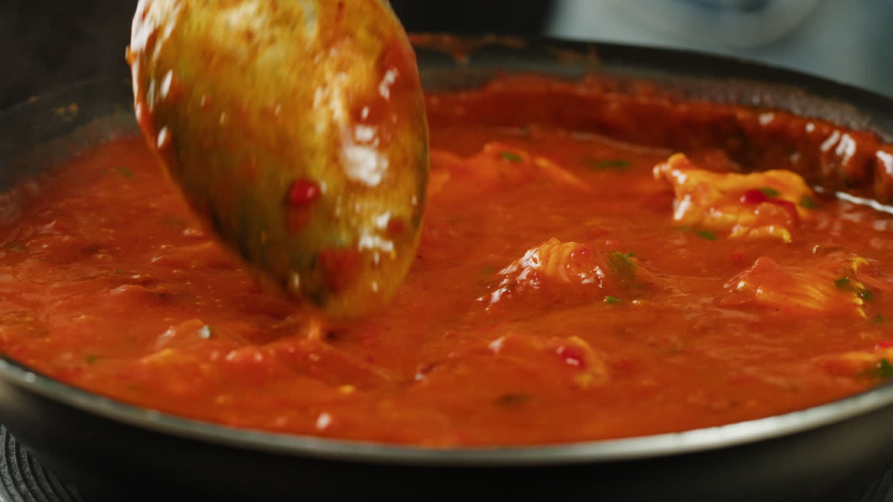 Chicken in tomato sauce is boiling on a frying pan with spices. Cooking tomato sauce curry with chicken fillet. Traditional Italian Mexican Asian dish. High quality studio shot for cafe, restaurant close up.