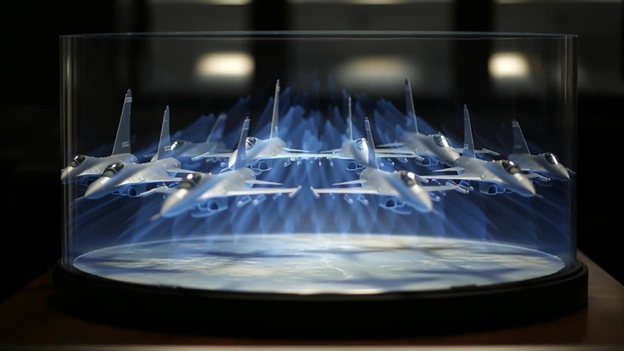 Model fighter jets create an impressive display in a glass case