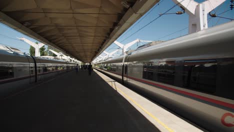 the platform of the railway station on which new suburban trains travel, passengers pass under the platform under a canopy. station of departure of long-distance and suburban trains