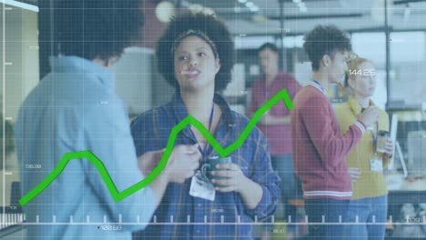 Animation-of-statistical-data-processing-over-diverse-man-and-woman-with-coffee-discussing-at-office