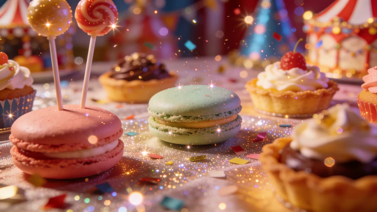 Pulling back camera revealing mint macaron beside pink macaron with lollipops, evoking carnival