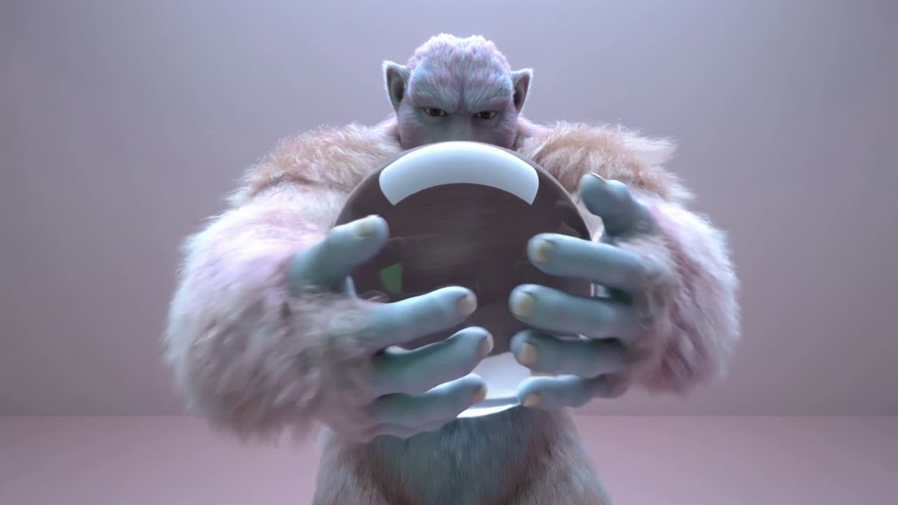 Yeti creature grasping glass orb beneath light, rotating and cradling orb, guarding as tech concept