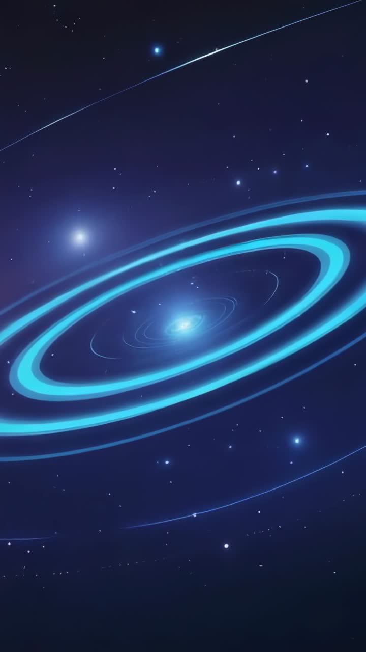 Vertical video: meteor streak entering frame in star field, with core light pulsing rotating rings