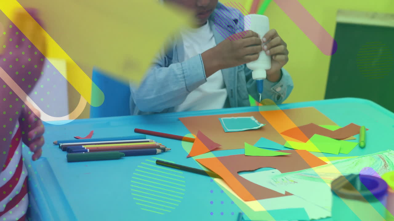 Children crafting with colored paper and glue, geometric shapes animation overlay