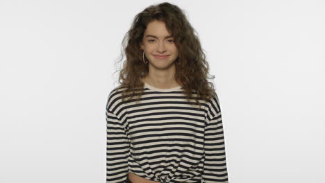 young woman waving no gesture on white background