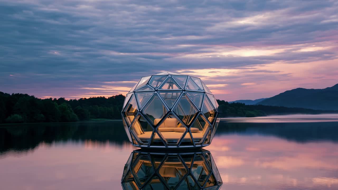 Futuristic glass and metal geodesic dome floating on a calm lake reflects the warm hues of a beautiful sunset, creating a serene and luxurious retreat amidst nature
