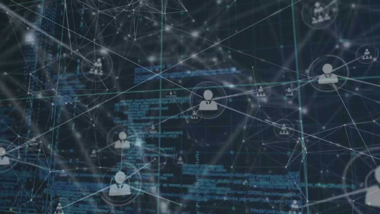 Animation of network of connections with people icons over data processing and grid