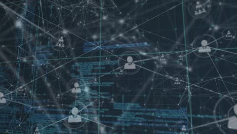 animation of network of connections with people icons over data processing and grid
