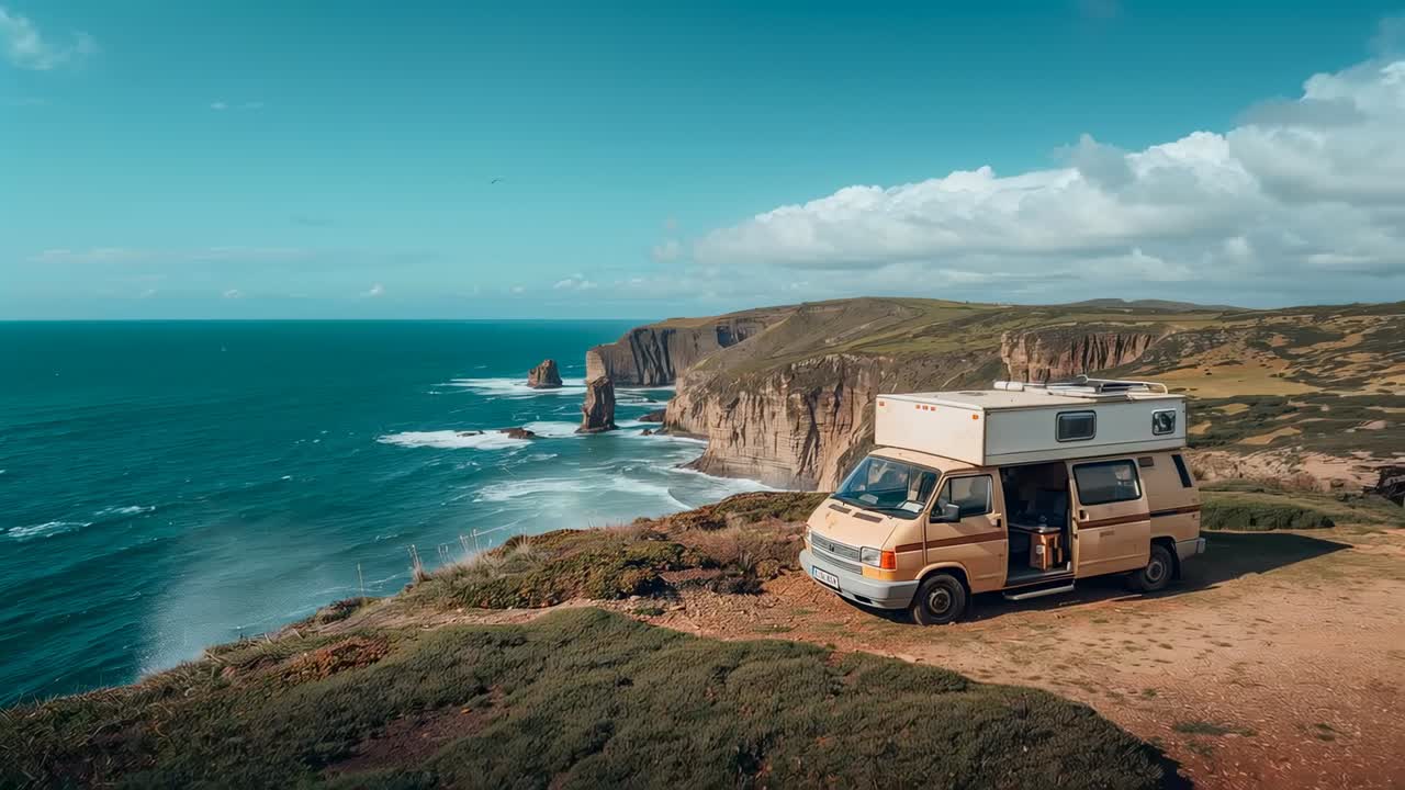 Camera tightening beige camper van on grassy cliff, sliding door open, capturing coast, copy space