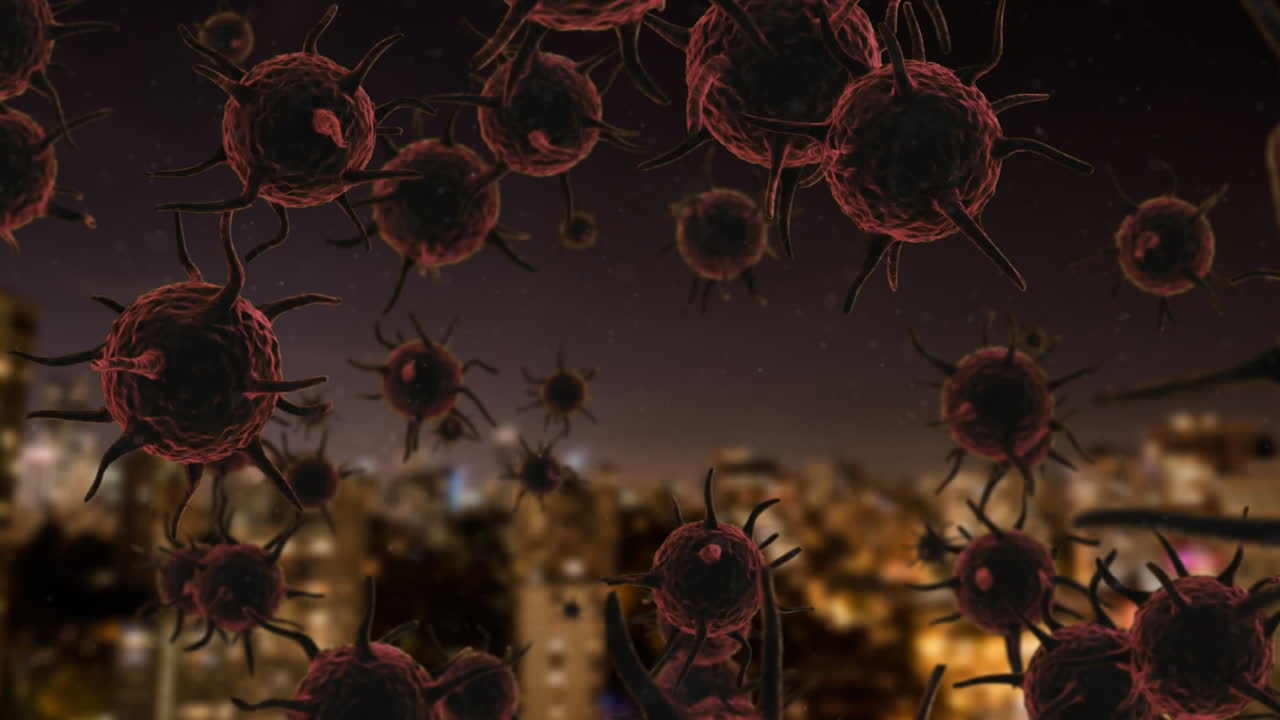 Animation of corona virus with city in background