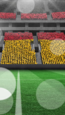 animation of soccer balls over stadium with german flag stands